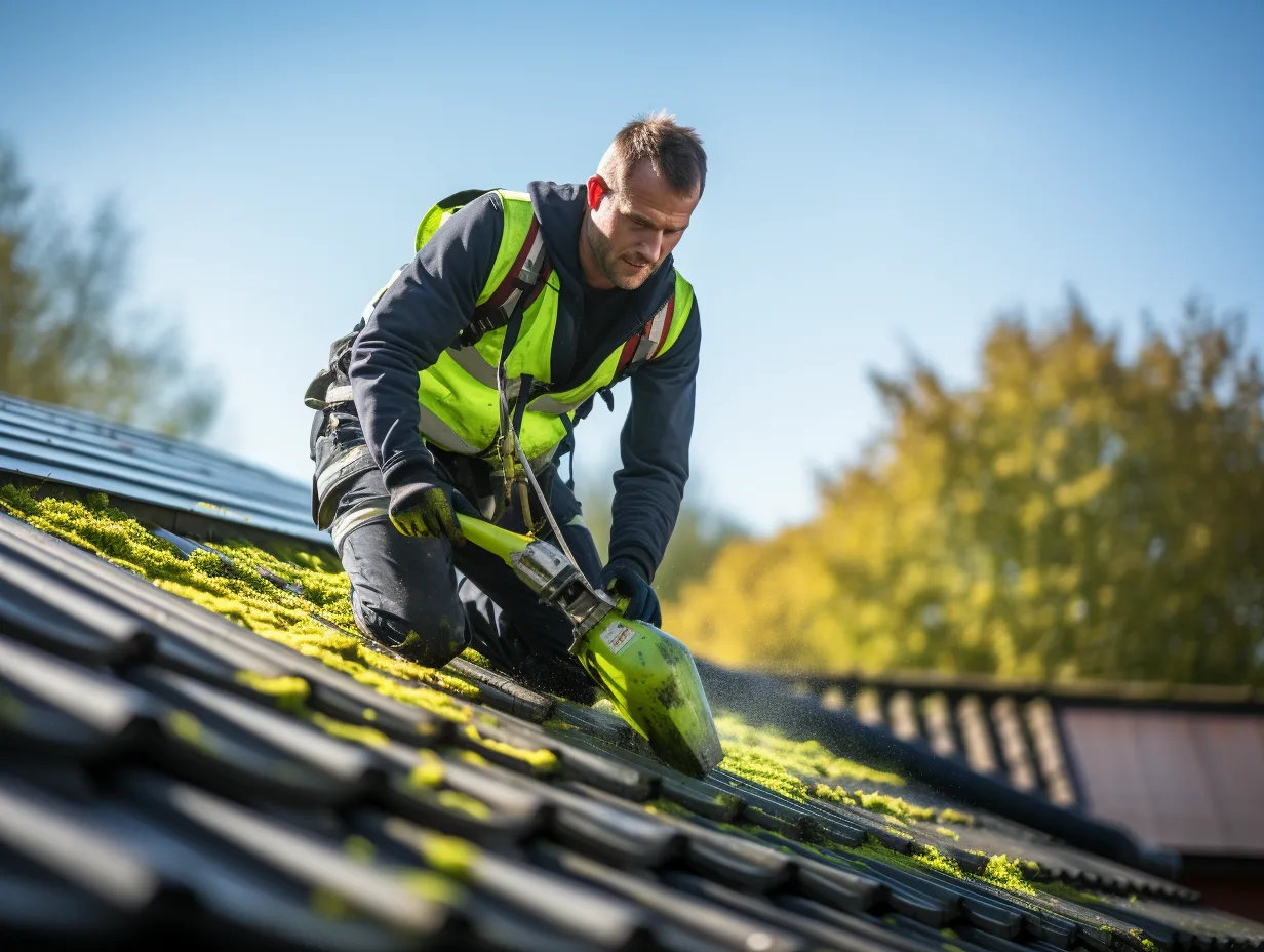 Toiture en cours de démoussage avec techniques adaptées