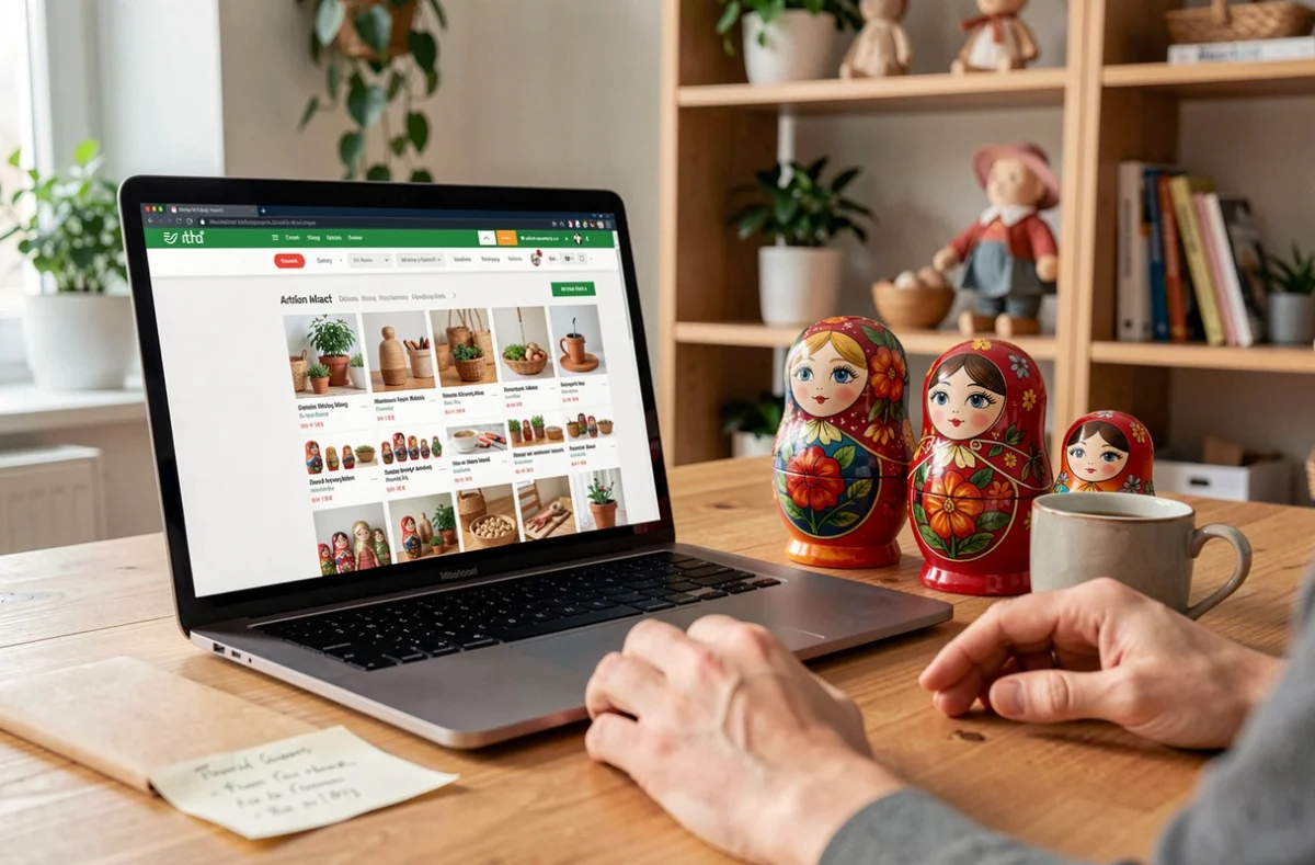 Achat en ligne de poupées Matriochka artisanales russes sur un site e-commerce, ordinateur portable ouvert sur un bureau en bois avec des poupées colorées