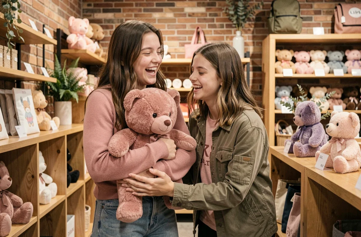 Deux adolescentes dans une boutique tendance choisissant un ourson en peluche rose, ambiance shopping lifestyle et complicité