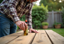 Protéger le bois : choisir la meilleure huile pour la protection Homme appliquant huile naturelle sur une table en bois