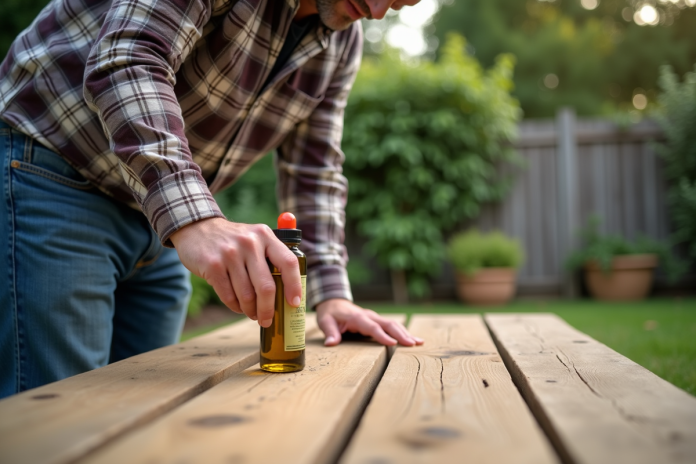 application-huile-table-jardin Homme appliquant huile naturelle sur une table en bois