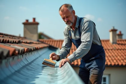 Couvreur appliquant une solution de patine sur une gouttière en zinc sur un toit en tuiles avec un pinceau large