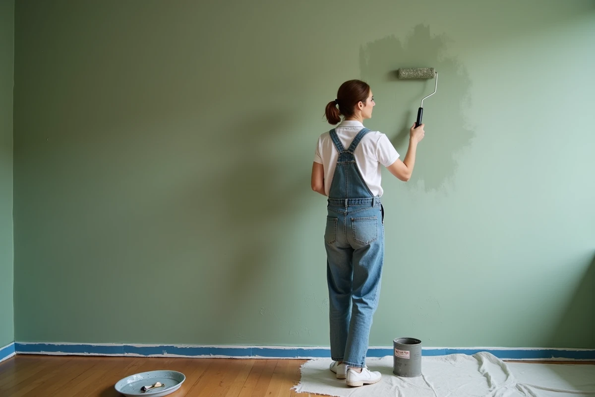 Femme appliquant une peinture vert sauge sur un mur de salon avec rouleau
