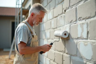 Peintre appliquant un primaire d'accrochage sur un mur en parpaing extérieur avec un rouleau