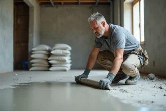 Ouvrier appliquant un ragréage autonivelant sur un plancher en béton brut lors d'une rénovation lourde d'appartement