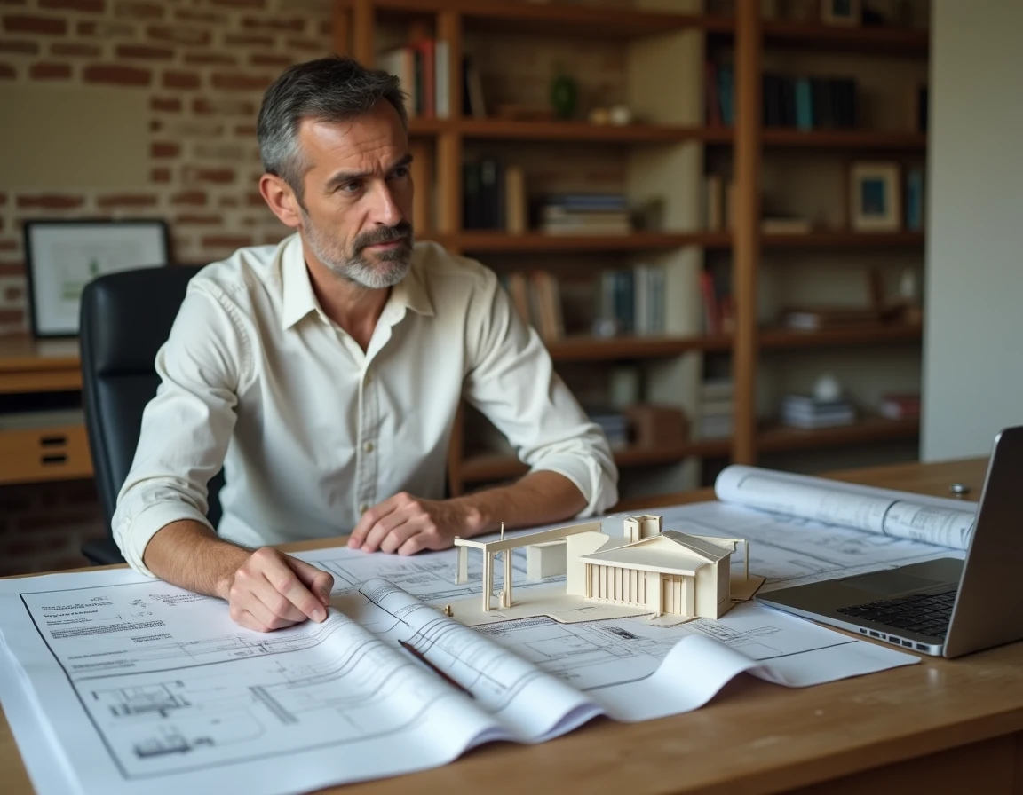 Architecte étudiant les plans et le budget d'un projet de surélévation de maison