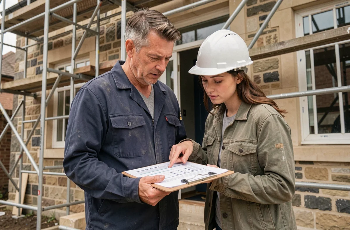 Artisan et collègue consultant un brief de projet de rénovation complète devant une façade de maison en travaux avec échafaudage