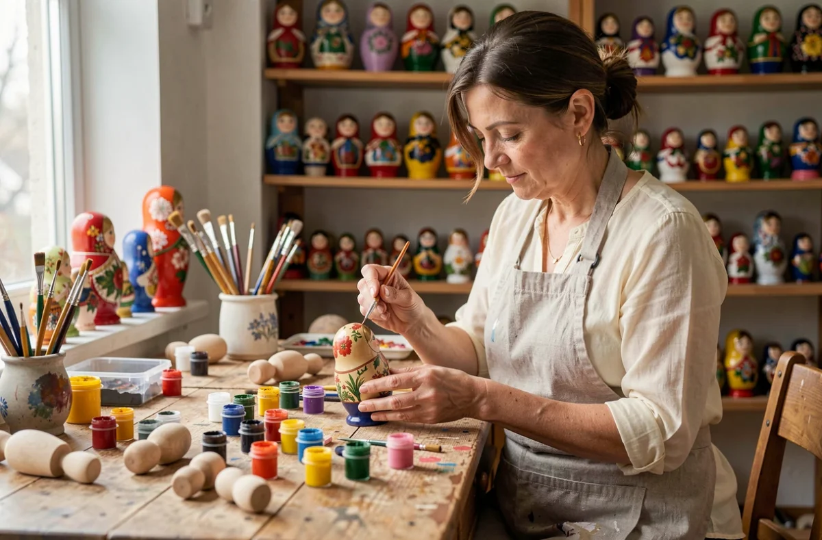 Artisane russe peignant à la main une poupée Matriochka dans son atelier traditionnel entouré de pigments et pinceaux fins