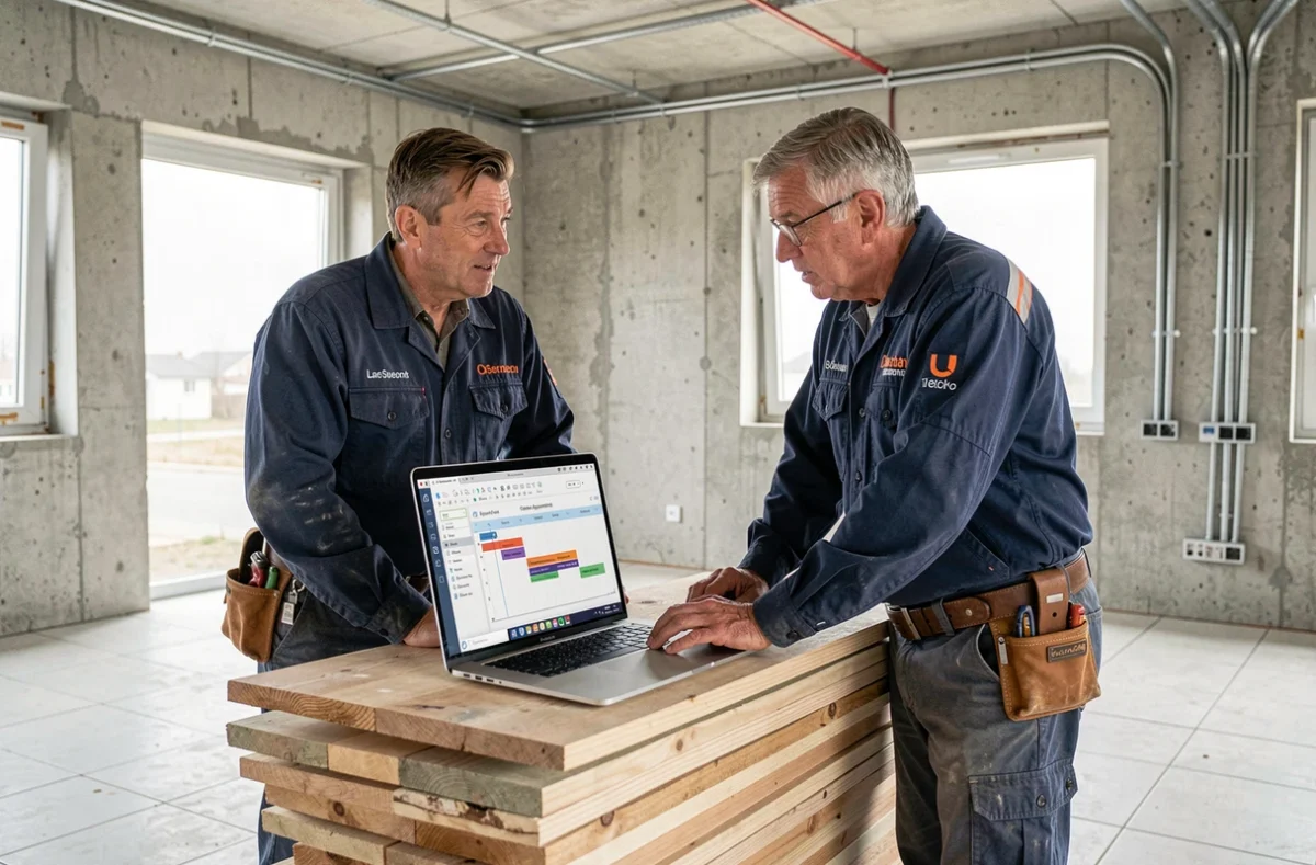 Deux artisans sur chantier en rénovation intérieure qui consultent un logiciel de planning de travaux sur ordinateur portable