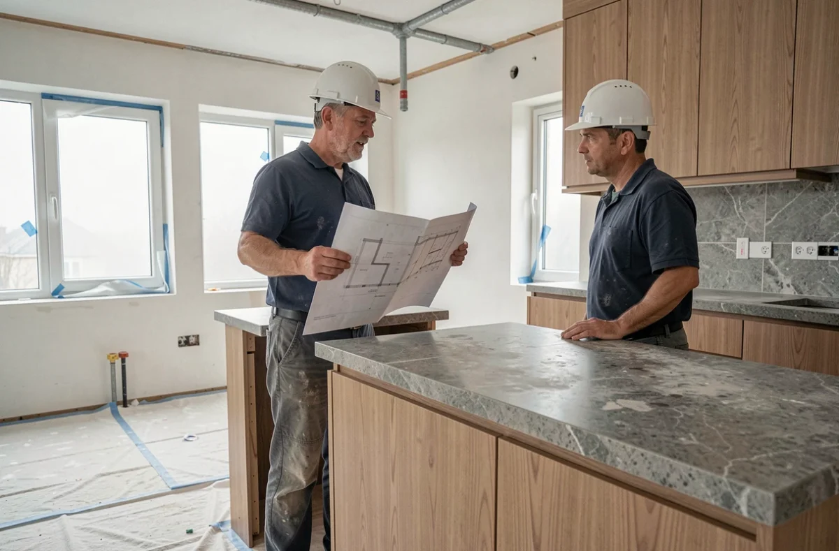 Concepteur d'intérieur supervisant le suivi de chantier d'une cuisine sur mesure en chêne avec plans architecturaux dans un appartement en rénovation