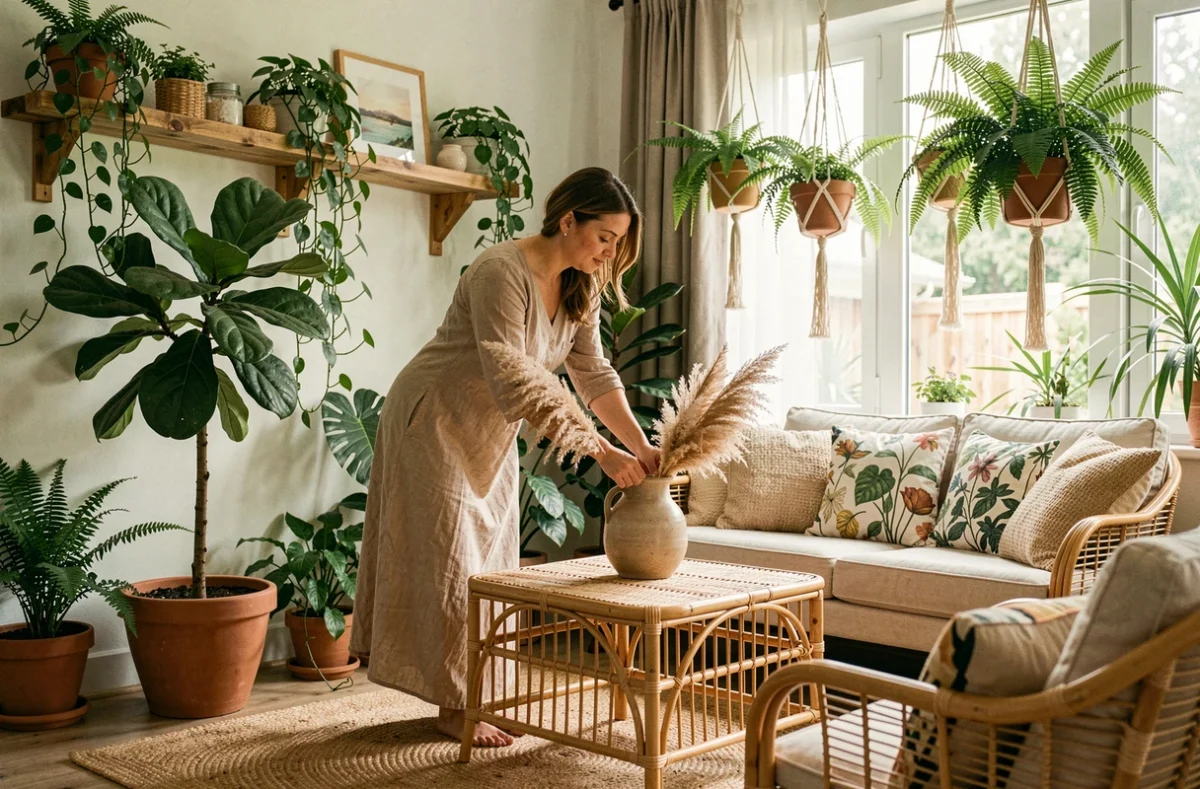 Décoratrice végétale arrangeant des plantes d'intérieur luxuriantes dans un salon bohème avec mobilier en rotin et tapis en jute