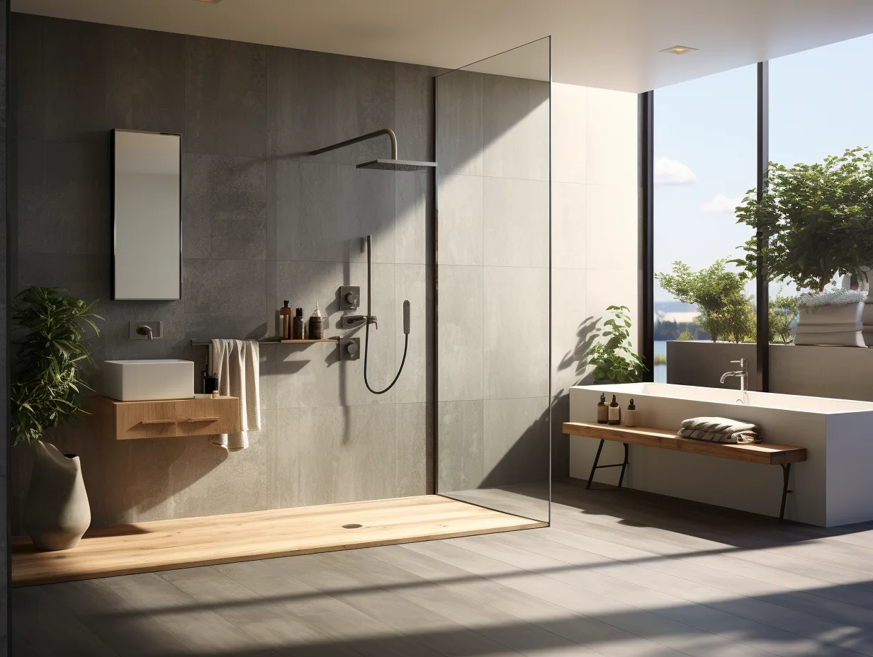 Douche à l'italienne moderne sans receveur dans une salle de bain élégante