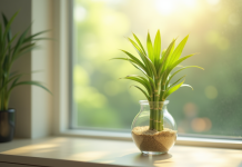 Bambou frais en vase sur une fenêtre ensoleillee