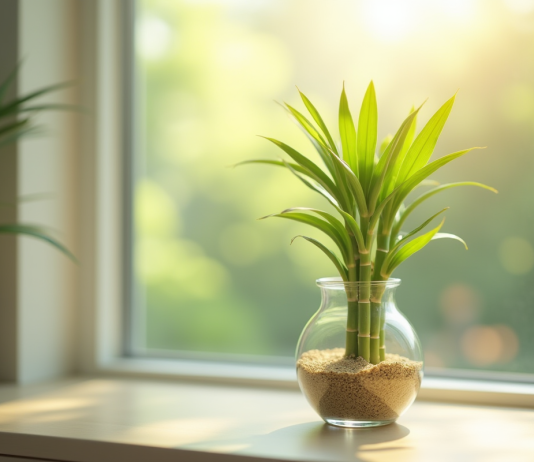 Bambou frais en vase sur une fenêtre ensoleillee