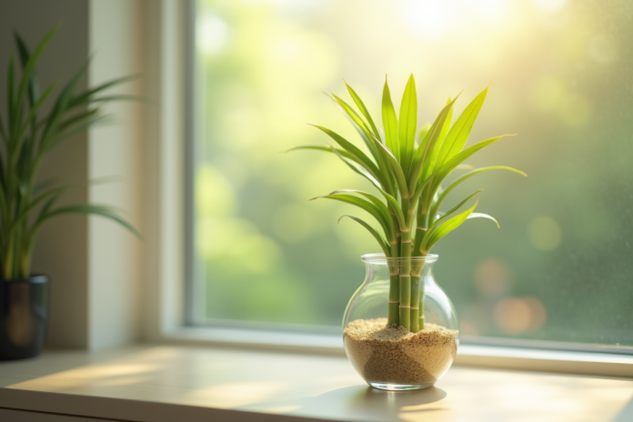 Bambou frais en vase sur une fenêtre ensoleillee