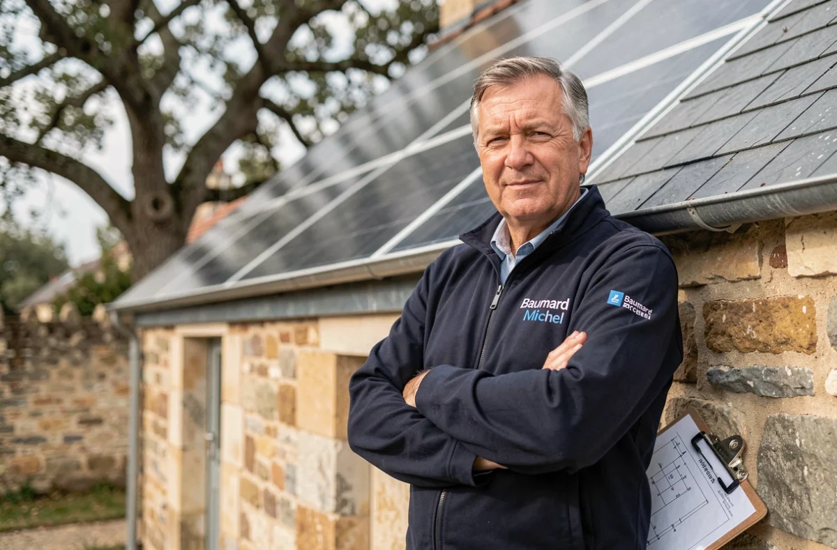 Technicien de Baumard Michel posant devant une installation de panneaux solaires sur une ferme en Loire-Atlantique