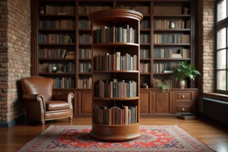 Bibliothèque tournante en bois de noyer dans une bibliothèque à domicile avec fauteuil en cuir et tapis persan