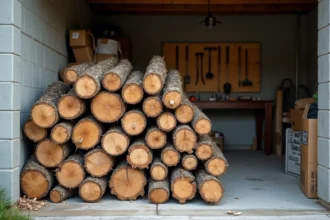 Bois de chauffage stocké dans un garage avec traces d'humidité sur les murs en béton, risque de mérule