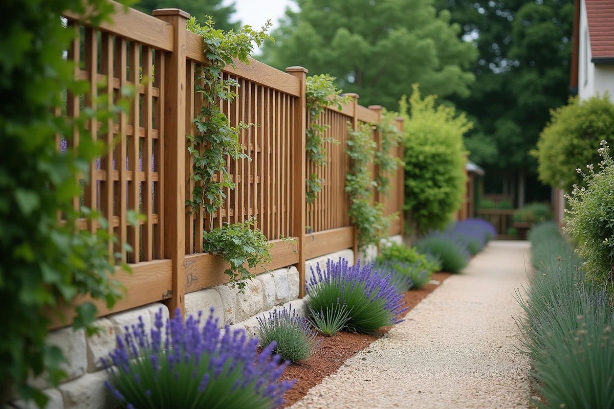 Brise-vue en treillis de bois installé sur un mur mitoyen en pierre avec des plantes grimpantes dans un jardin français