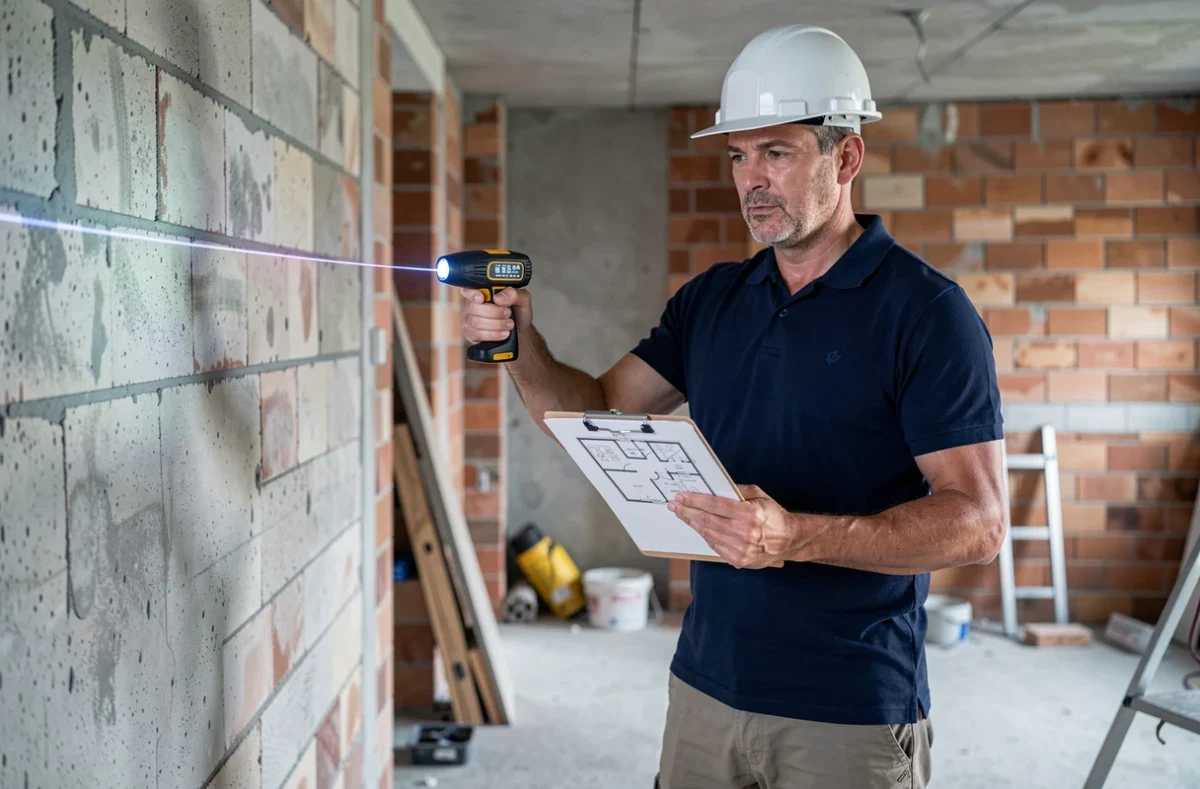 Professionnel calculant la superficie en m2 d'un appartement en construction avec télémètre laser