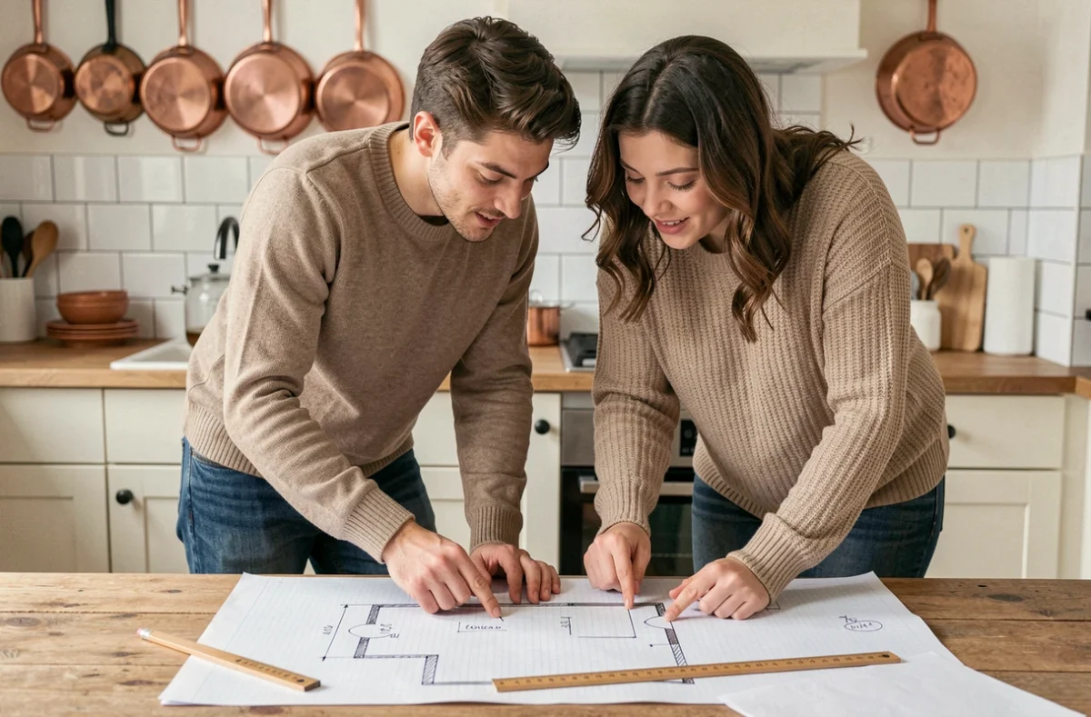 Couple calculant la superficie en m2 de leur logement sur plan papier à la maison