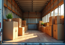 Camion de déménagement rempli de cartons organisés et meubles sécurisés
