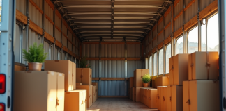 Camion de déménagement rempli de cartons organisés et meubles sécurisés