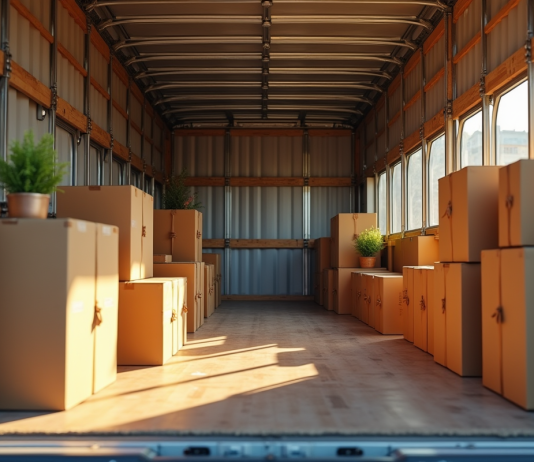 Camion de déménagement rempli de cartons organisés et meubles sécurisés