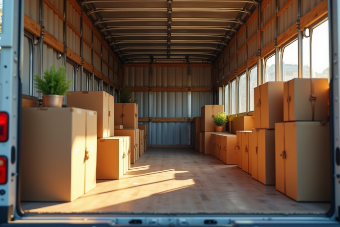 Camion de déménagement rempli de cartons organisés et meubles sécurisés