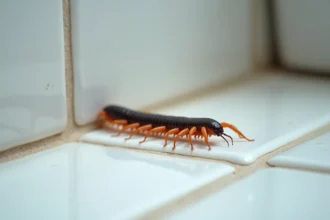 Gros plan macro d'un centipède de maison rampant sur le carrelage d'une salle de bain, détail anatomique précis des pattes et du corps segmenté