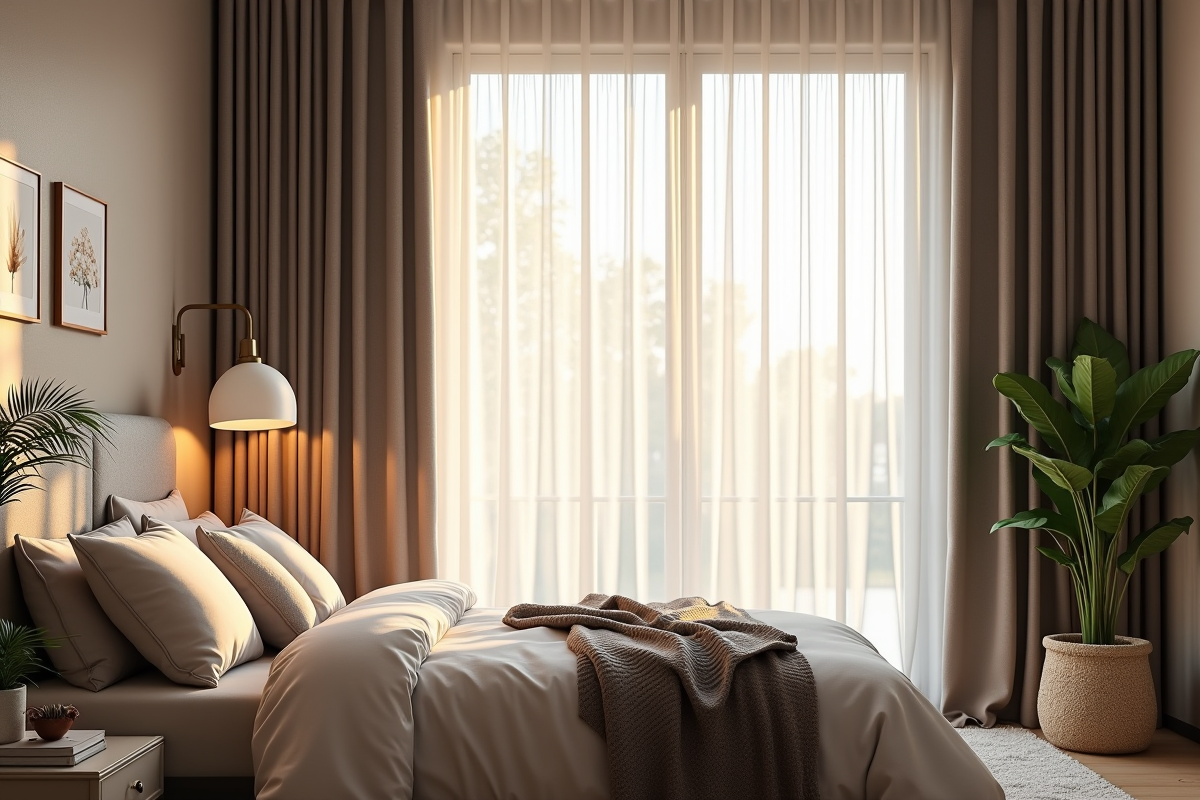 Chambre avec rideaux occultants fermes et lumière douce