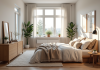 Chambre en sous-sol au style scandinave moderne avec grand lit et lumière naturelle