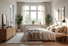 Chambre en sous-sol au style scandinave moderne avec grand lit et lumière naturelle