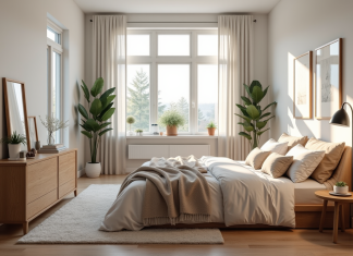 Aménager une chambre dans son sous-sol : conseils et idées inspirantes Chambre en sous-sol au style scandinave moderne avec grand lit et lumière naturelle