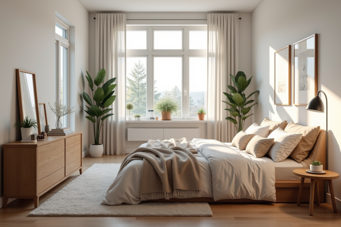 Chambre en sous-sol au style scandinave moderne avec grand lit et lumière naturelle