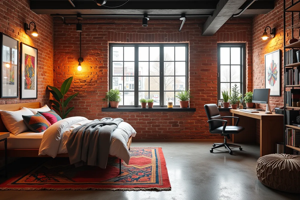 Chambre de sous-sol aménagée avec mur en briques et espace de travail lumineux