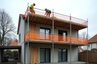 Chantier de surélévation d'une maison individuelle avec échafaudages et ossature bois en cours de construction