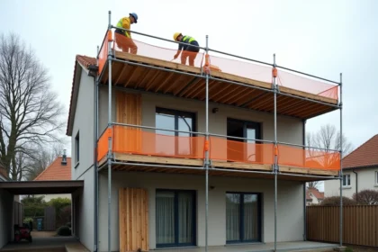 Chantier de surélévation d'une maison individuelle avec échafaudages et ossature bois en cours de construction