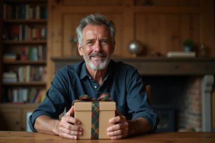 Homme tenant un coffret cadeau whisky élégant avec ruban tartan pour la fête des pères
