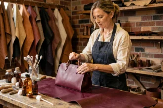 Artisane appliquant une coloration longue tenue bordeaux sur un sac en cuir dans un atelier authentique