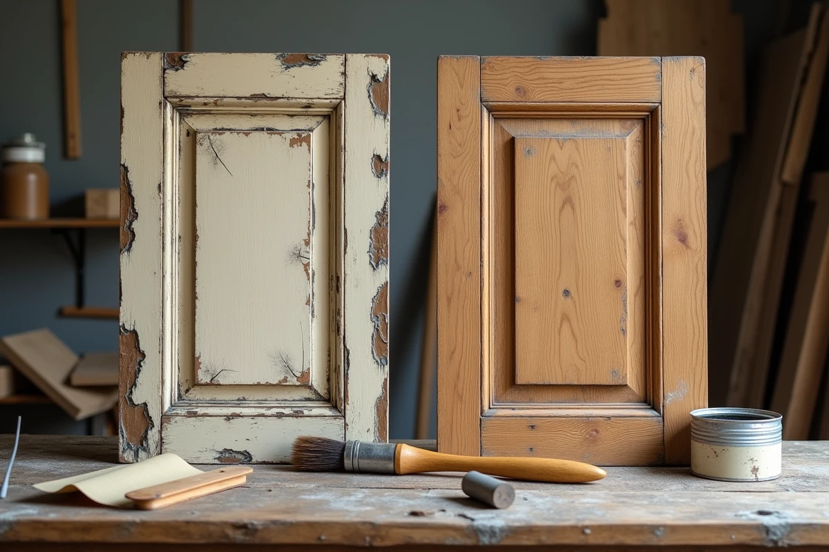 Comparaison avant-après de deux portes en bois lors d'une rénovation avec produits de finition