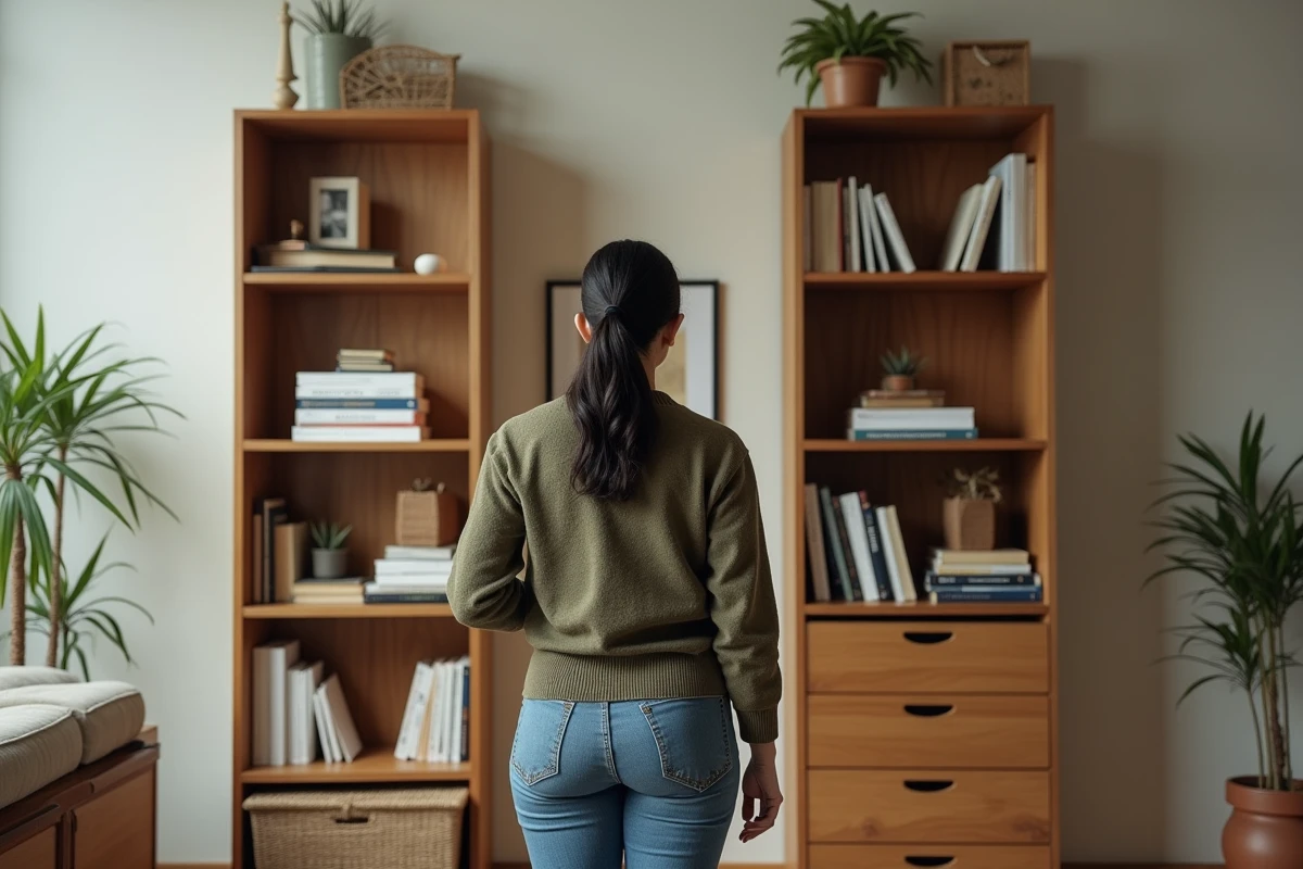 Femme comparant une bibliothèque tournante et une étagère classique fixe dans un bureau bien décoré