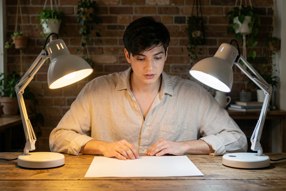 Personne comparant deux lampes de bureau à tonalité chaude et neutre pour le travail à domicile sur une table en chêne