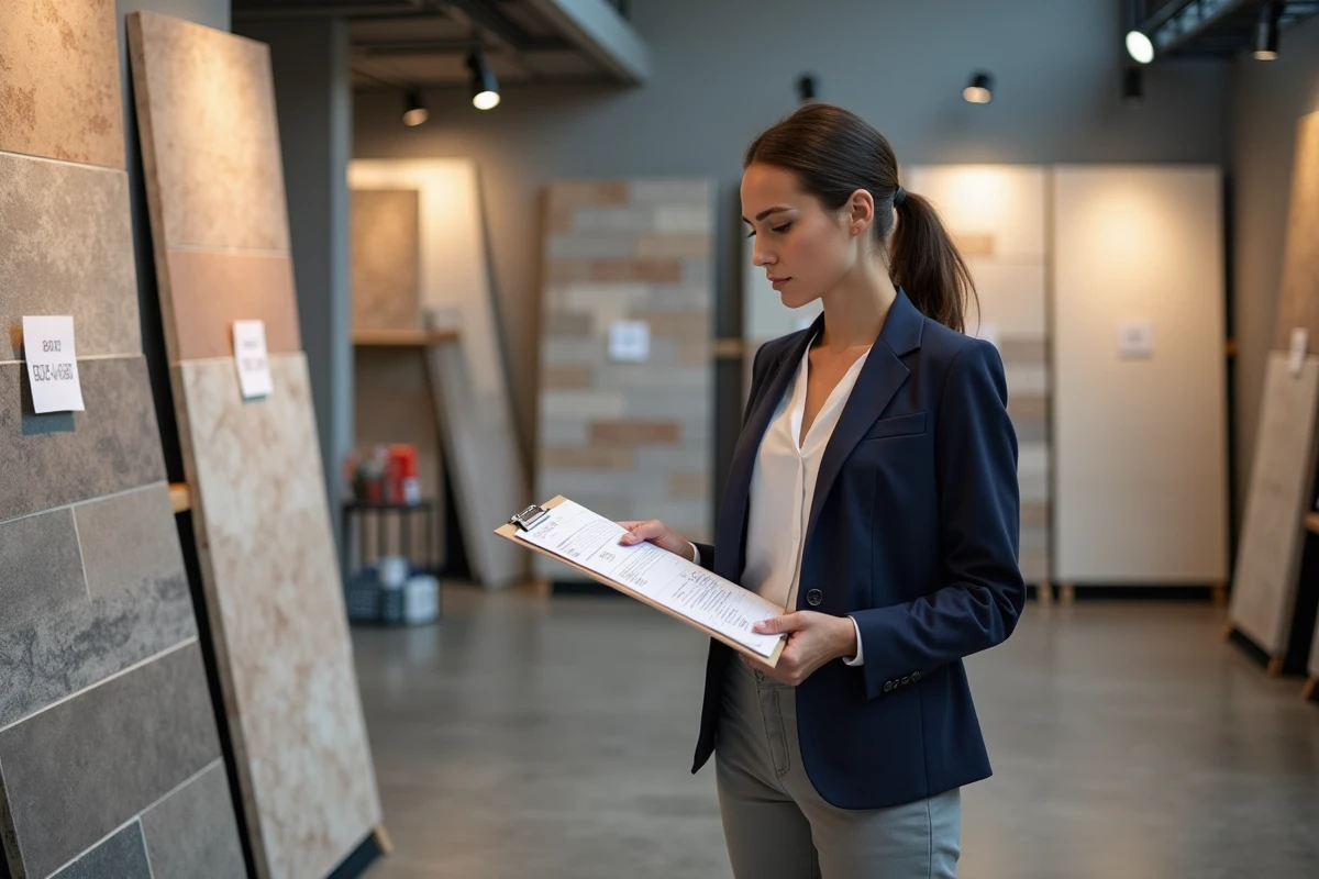 Consultante en design intérieur comparant les prix au m2 de pose carrelage dans un showroom de carrelages régionaux