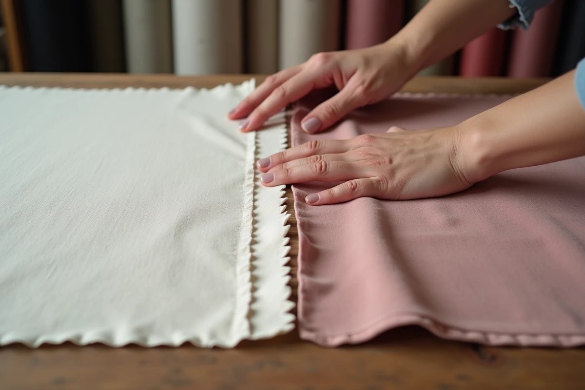 Comparaison de tissus velours et coton pour housse de fauteuil extensible posés sur une table en bois