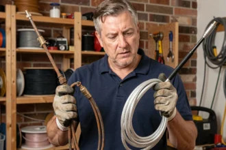 Technicien comparant un vieux câble antenne corrodé avec un câble coaxial TV moderne dans une salle utilitaire domestique