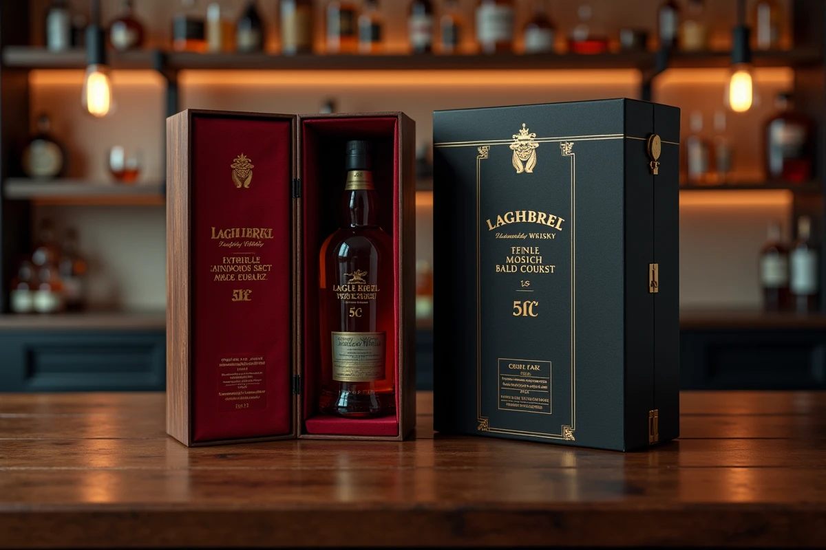 Deux coffrets cadeaux whisky haut de gamme côte à côte sur un bar en bois sombre