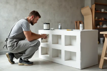 Homme bricoleur construisant un meuble de salle de bain en béton cellulaire dans un atelier maison