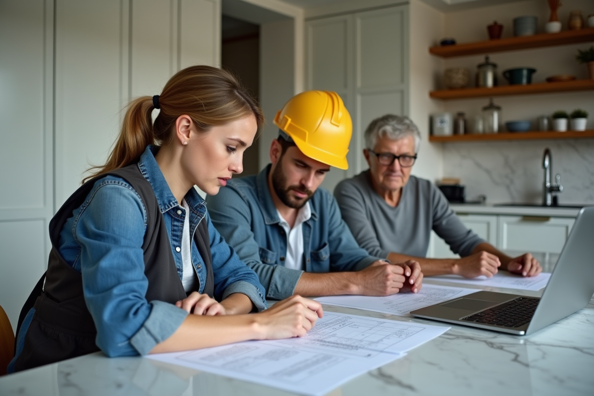 Jeune femme architecte discute plans avec un couple dans la cuisine