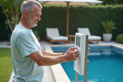 Homme d'âge moyen ajustant un panneau de contrôle piscine